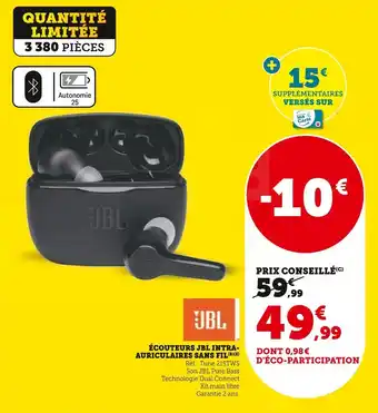 Super U Jbl écouteurs intra-auriculaires sans fil offre