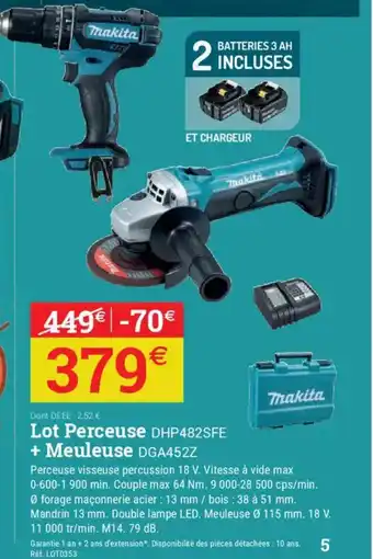 Espace emeraude MAKITA Lot Perceuse DHP482SFE + Meuleuse DGA452Z offre