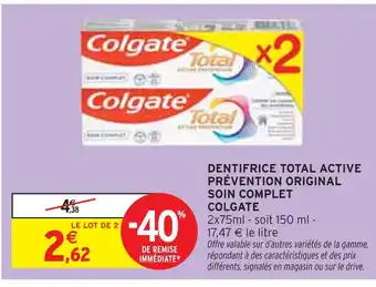 Intermarché Hyper Colgate dentifrice total active prévention original soin complet offre