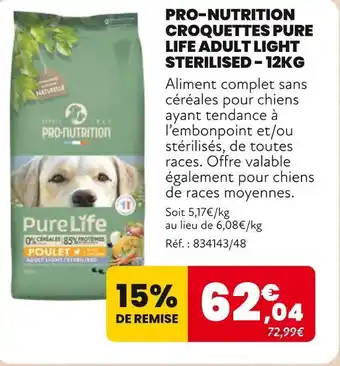 Animalis Pro-nutrition croquettes pure life adult light sterilised offre