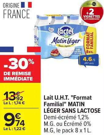 Carrefour Lait u.h.t. format familial matin léger sans lactose offre