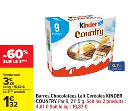 Carrefour Barres chocolatées lait céréales kinder country offre