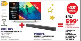 Hyper U PHILIPS Téléviseur led 4k 65pus8000/12 65" + barre de son philips tab4000/12 offre