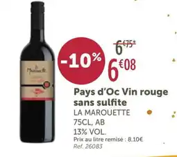 L'Eau Vive LA MAROUETTE Pays d'Oc Vin rouge sans sulfite offre