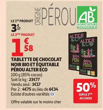 Auchan ALTER ECO Tablette de chocolat noir bio et équitable pérou offre