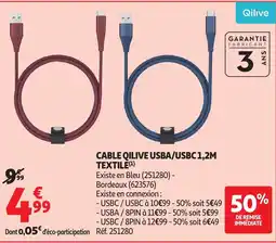 Auchan QILIVE Cable usba/usbc 1,2m textile offre