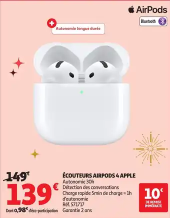 Auchan Écouteurs airpods 4 apple offre