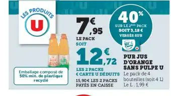 Super U Pur jus d'orange sans pulpe u offre