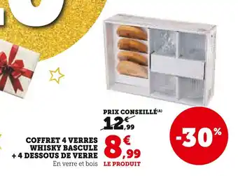 Hyper U Coffret 4 verres whisky bascule + 4 dessous de verre offre