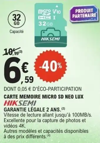 E.Leclerc Carte memoire micro sd neo lux hiksemi offre