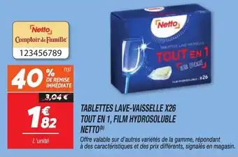 Netto Tablettes lave-vaisselle x26 tout en 1 film hydrosoluble netto offre