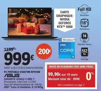 E.Leclerc Pc portable v3607vm-rp016w asus offre