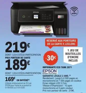 E.Leclerc Imprimante eco tank 2871 epson offre