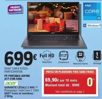 E.Leclerc Pc portable aspire a17-51m-5486 acer offre