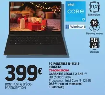 E.Leclerc Pc portable n17i312- 16bk512 thomson offre