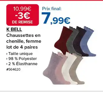 Costco K BELL Chaussettes en chenille, femme lot de 4 paires offre