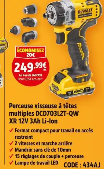 Screwfix Dewalt perceuse visseuse à têtes multiples dcd703l2t-qw xr 12v 3ah li-ion offre