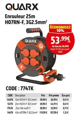 Screwfix Quarx enrouleur 25m ho7rn-f. 3g2.5mm² offre