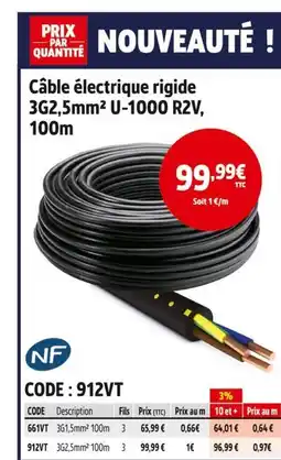 Screwfix Câble électrique rigide 3g2,5mm² u-1000 r2v, 100m offre
