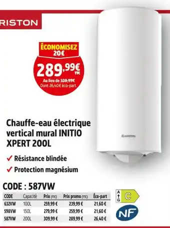 Screwfix Ariston chauffe-eau électrique vertical mural initio xpert 200l offre