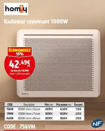 Screwfix Hom'y radiateur rayonnant offre