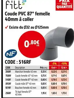 Screwfix Fitt coude pvc 87° femelle 40 mm à coller offre