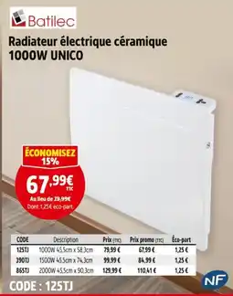 Screwfix Batilec radiateur électrique céramique 1000w unico offre