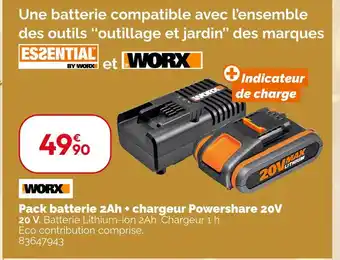 Weldom Worx pack batterie 2ah + chargeur powershare 20v offre
