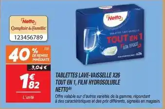 Netto Netto - tablettes lave-vaisselle x26 tout en 1, film hydrosoluble offre