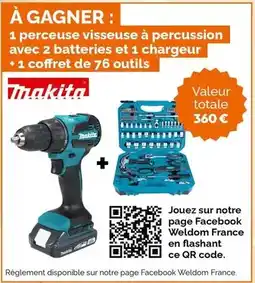 Weldom Makita - 1 perceuse visseuse à percussion avec 2 batteries et 1 chargeur + 1 coffret de 76 outils offre