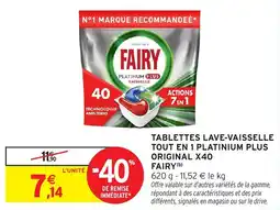 Intermarché Tablettes lave-vaisselle tout en 1 platinium plus original x40 fairy offre