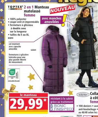 Norma TOPTEX 2 en 1 Manteau matelassé femme offre