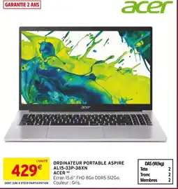 Intermarché Hyper Acer ordinateur portable aspire al15-33p-38xn offre