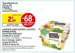 Intermarché Hyper Charles & alice compote sans sucres ajoutés pomme/poire en offre spèciale offre