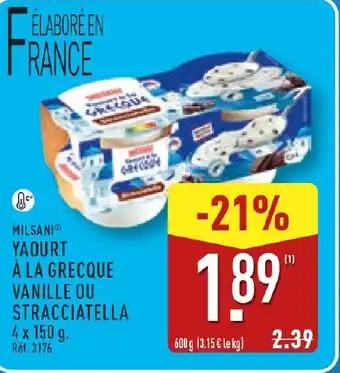 ALDI MILSANI Yaourt à la grecque vanille ou stracciatella offre