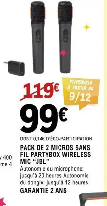 E.Leclerc Espace Culturel JBL Pack de 2 micros sans fil partybox wireless mic offre