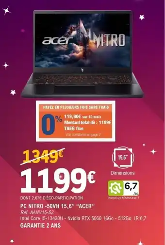 E.Leclerc Espace Culturel ACER Pc nitro -50vh 15,6” offre