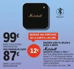E.Leclerc Espace Culturel MARSHALL Enceinte sans fil willen ii black & brass offre