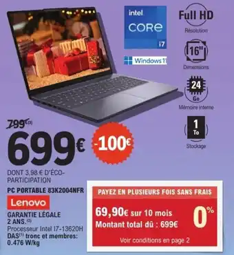 E.Leclerc Espace Culturel LENOVO Pc portable 83k2004nfr offre