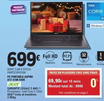 E.Leclerc Espace Culturel ACER Pc portable aspire a17-51m-5486 offre