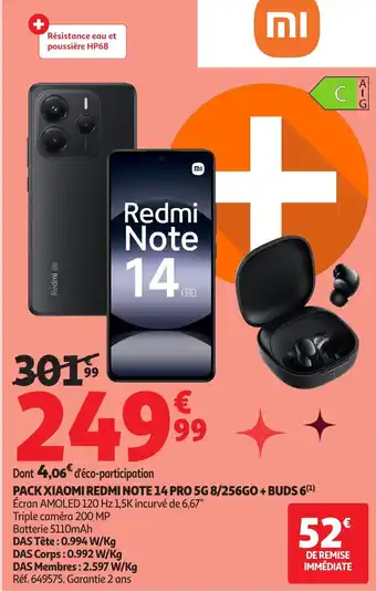 Auchan XIAOMI Pack redmi note 14 pro 5g 8/256go+ buds 6 offre