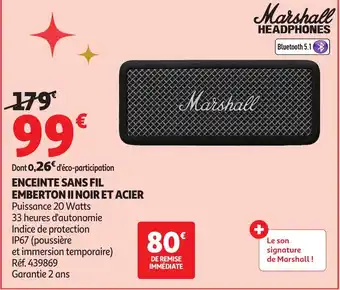 Auchan MARSHALL Enceinte sans fil emberton ii noir et acier offre