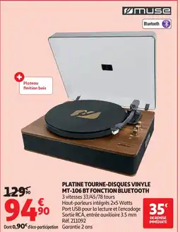 Auchan MUSE Platine tourne-disques vinyle mt-106 bt fonction bluetooth offre