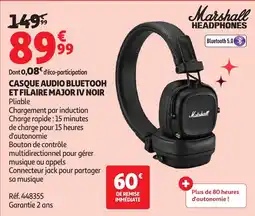 Auchan MARSHALL Casque audio bluetooh et filaire major iv noir offre