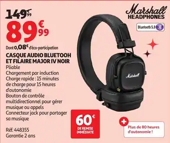 Auchan MARSHALL Casque audio bluetooh et filaire major iv noir offre