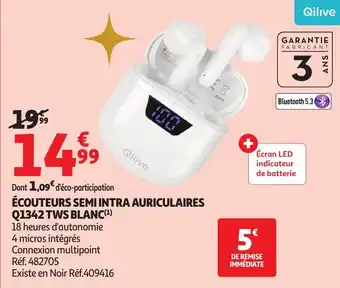Auchan QILIVE Écouteurs semi intra auriculaires q1342 tws blanc offre