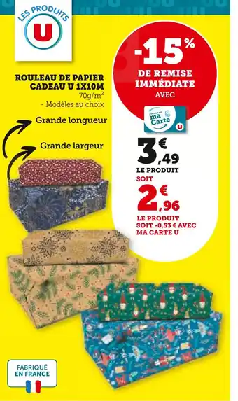 Super U Les produits u rouleau de papier cadeau u 1x10m offre