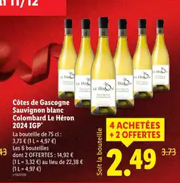 Lidl Le heron côtes de gascogne sauvignon blanc colombard 2024 igp offre