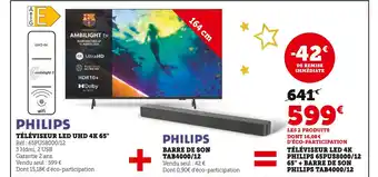 Super U Philips téléviseur led 4k 65pus8000/12 65 + barre de son philips tab4000/12 offre