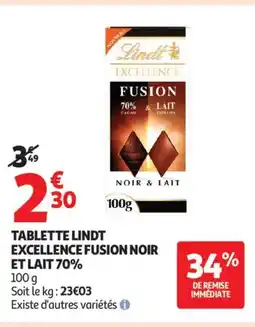 Auchan Supermarché Tablette lindt excellence fusion noir et lait 70% offre